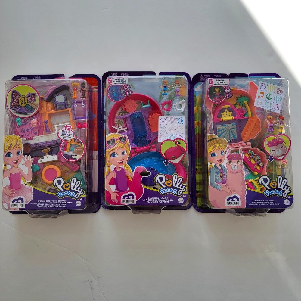 Lot of 3 Polly Pocket compacts: Sparkle Stage, Llama Music Party, Flamingo - new